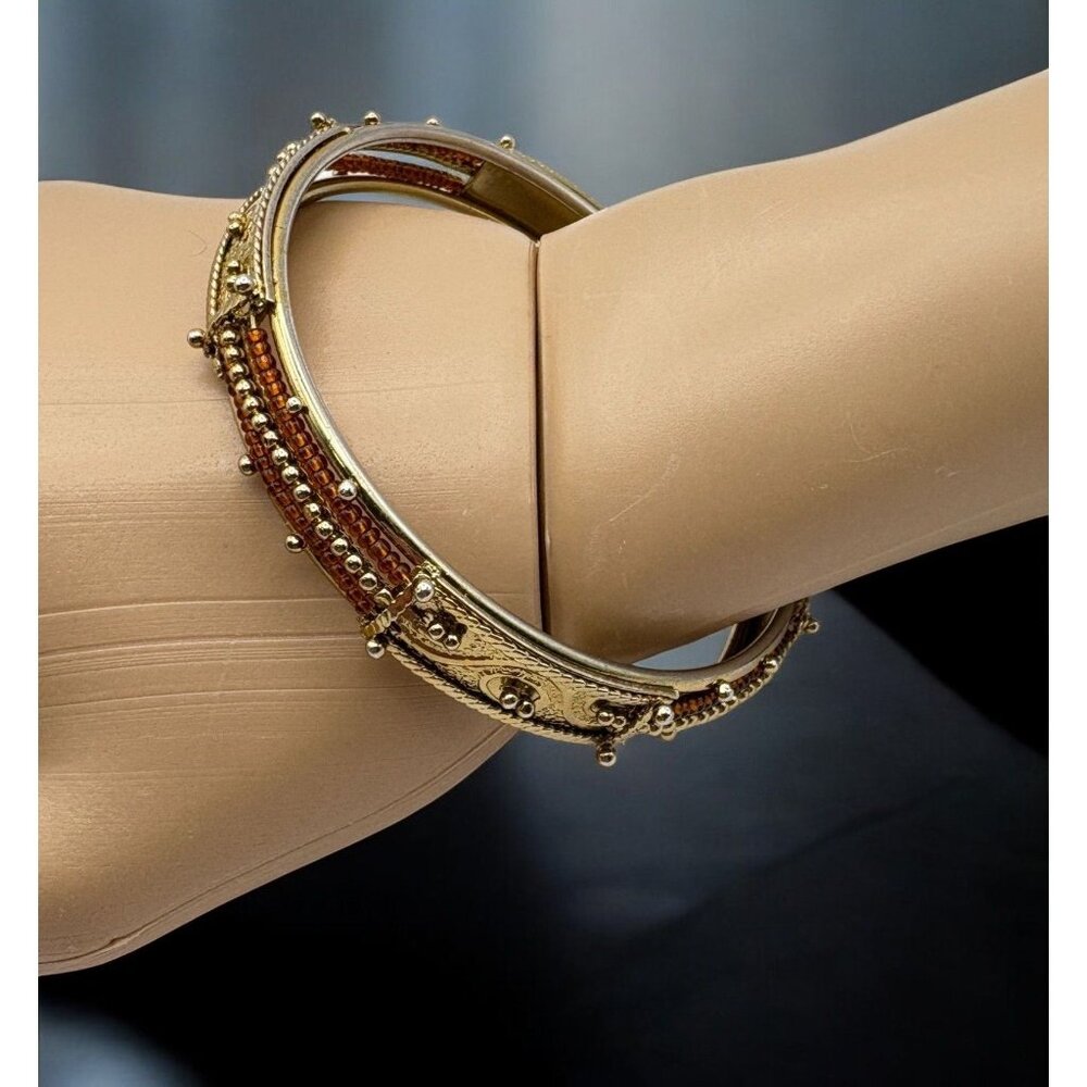Vintage Gold Tone Art Deco Bangle Bracelet With Amber Colored Bead Accents